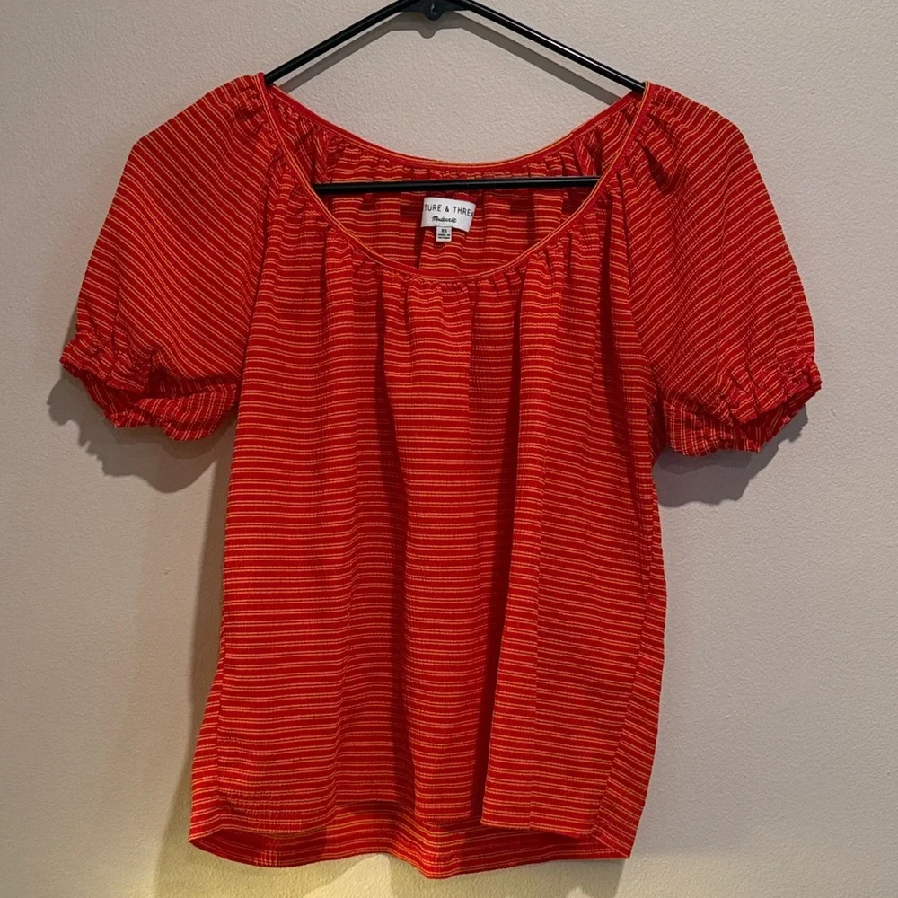 Madewell Red and Black Striped Puff Sleeve Blouse Casual stylish Vacation Ready